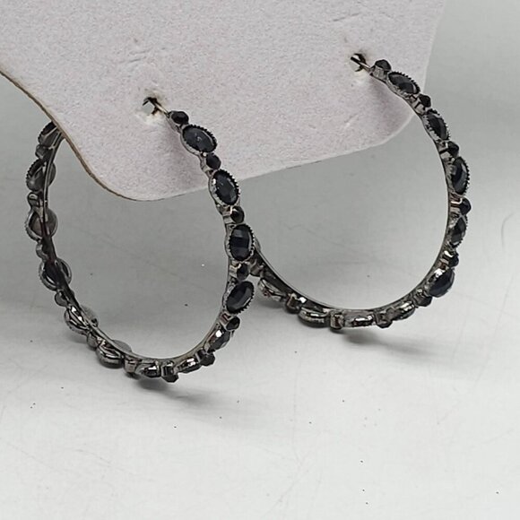 Black Rhinestone Silver-Tone Hoop Earrings 2" Round Vintage 1980s - Picture 3 of 5